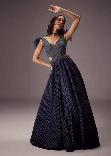 Double Ghera Navy Gown With Feather Accents