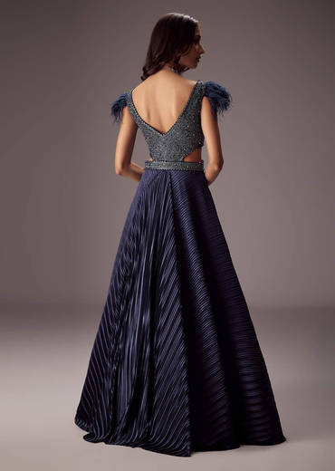 Double Ghera Navy Gown With Feather Accents