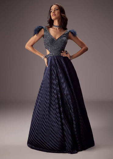 Double Ghera Navy Gown With Feather Accents