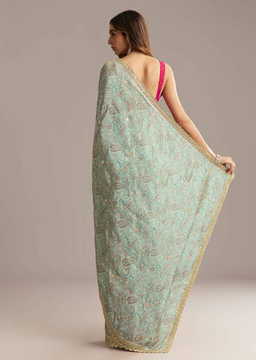 Dusky Blue Jacquard Saree With Mirror And Cutdana Embroidery
