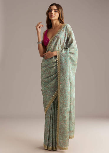 Dusky Blue Jacquard Saree With Mirror And Cutdana Embroidery