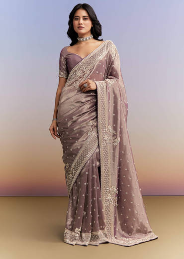 Dusky Lavender Tissue Silk Saree With Heavy Hand Embroidery