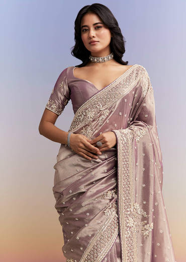 Dusky Lavender Tissue Silk Saree With Heavy Hand Embroidery