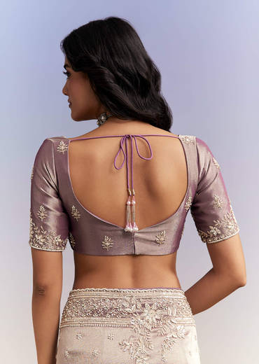 Dusky Lavender Tissue Silk Saree With Heavy Hand Embroidery