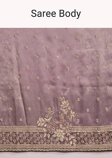 Dusky Lavender Tissue Silk Saree With Heavy Hand Embroidery