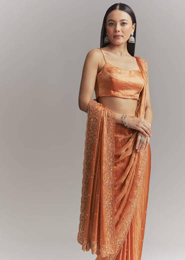 Dusky Orange Chinon Embroidered Saree With Embroidery