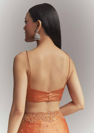 Dusky Orange Chinon Embroidered Saree With Embroidery