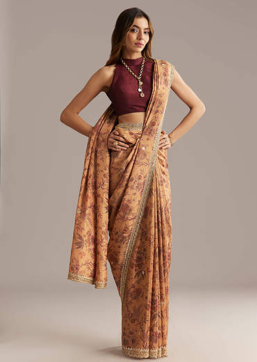 Dusky Orange Jacquard Saree With Mirror And Sequin Embroidery