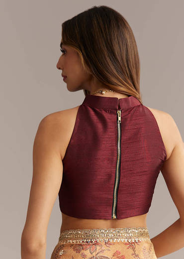 Dusky Orange Jacquard Saree With Mirror And Sequin Embroidery