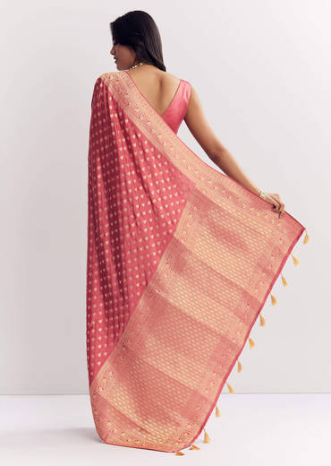 Dusky Pink Silk Saree With Butti And Woven Border