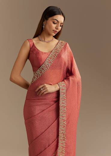 Rust Brown Crushed Tissue Saree With Scallop Border And Stone Embroidery