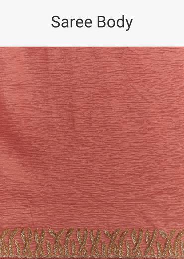 Rust Brown Crushed Tissue Saree With Scallop Border And Stone Embroidery