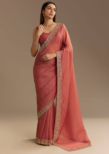 Rust Brown Crushed Tissue Saree With Scallop Border And Stone Embroidery