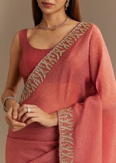 Rust Brown Crushed Tissue Saree With Scallop Border And Stone Embroidery