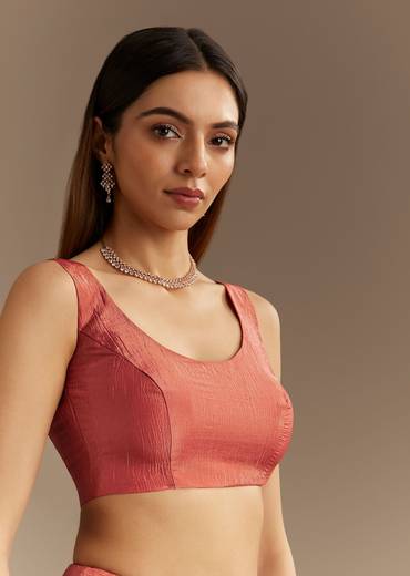 Rust Brown Crushed Tissue Saree With Scallop Border And Stone Embroidery