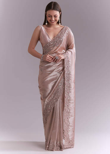 Dusty Pink Tissue Saree With Floral Butti Embroidery
