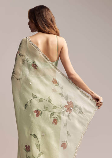 Dusty Pista Green Tissue Saree With Floral Embroidery