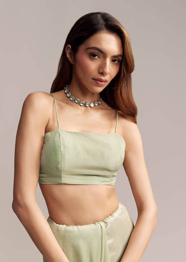 Dusty Pista Green Tissue Saree With Floral Embroidery