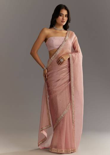 Dusty Rose Cutdana And Stone Embroidered Tissue Saree