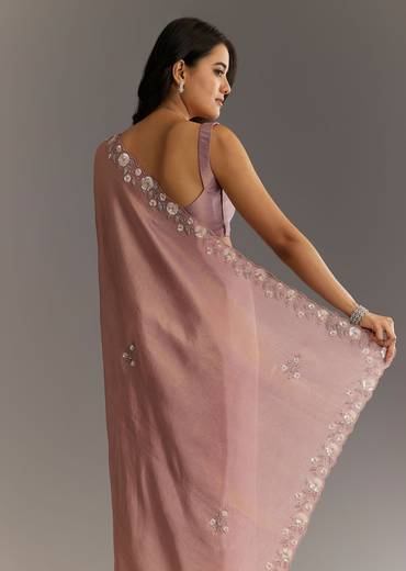 Dusty Rose Tissue Saree With Floral Embroidered Scallop Border