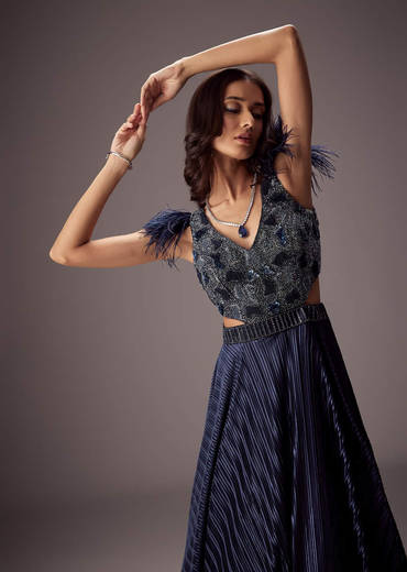 Elegant Navy Crepe Gown With Embroidered Yoke And Sweeping Ghera
