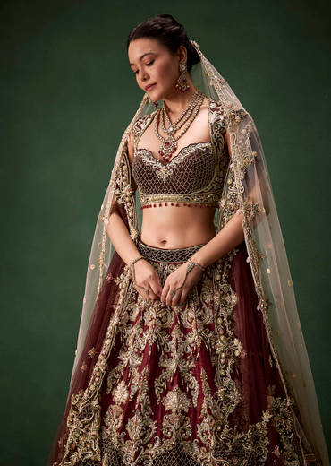 Embroidered Bridal Lehenga Set with Two Dupattas