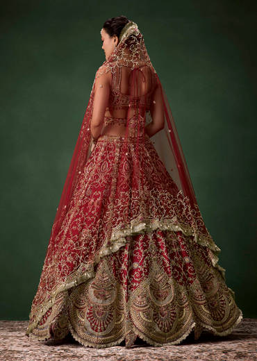 Embroidered Raw Silk Bridal Lehenga Set with Two Dupattas