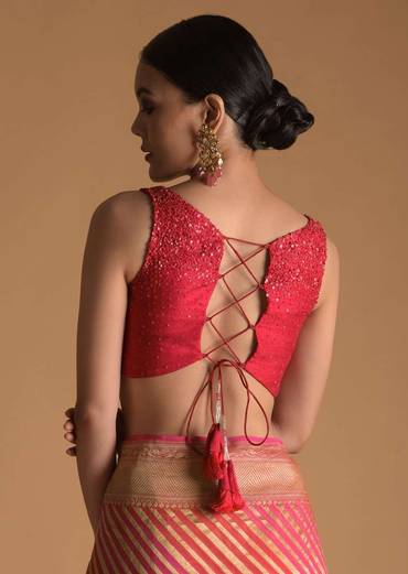 Fuchsia Pink Blouse In Raw Silk With Sequins Work, Sheer Center Cut Out And Criss-Cross Tie Up Back