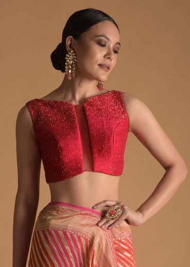 Fuchsia Pink Blouse In Raw Silk With Sequins Work, Sheer Center Cut Out And Criss-Cross Tie Up Back