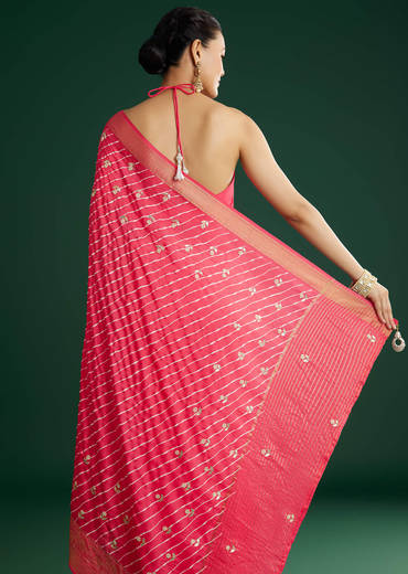 Gajari Dola Silk Saree With Floral Embroidery And Lehariya Print