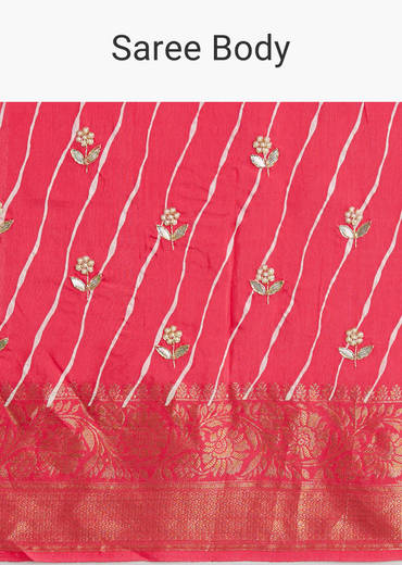 Gajari Dola Silk Saree With Floral Embroidery And Lehariya Print