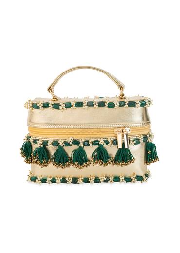 Gold and Green Tassel Drop Bead Embroidered Potli Bucket Bag