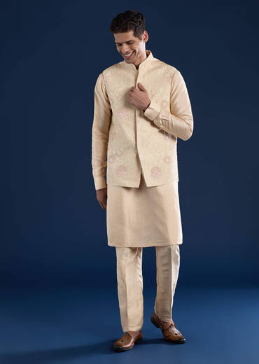 Gold Art Silk Jacket Kurta Set with Dori Work
