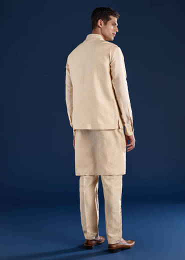 Gold Art Silk Jacket Kurta Set with Dori Work