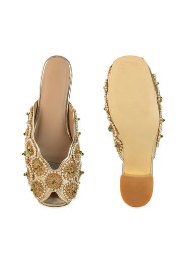 Gold Bead Embellished Faux Leather Mules
