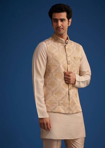 Gold Beige Banarasi Silk Kurta Jacket Set With Self Work