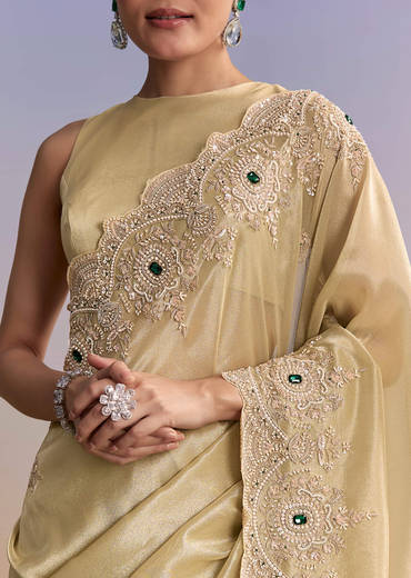 Gold Beige Tissue Saree With Heavy Embroidery