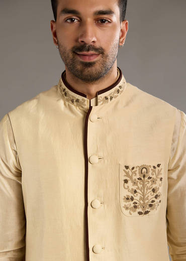 Gold Chanderi Linen Kurta Jacket Set For Men With Dori Work