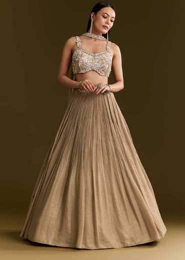 Gold French Tissue Lehenga With Sequins And Choker Dupatta