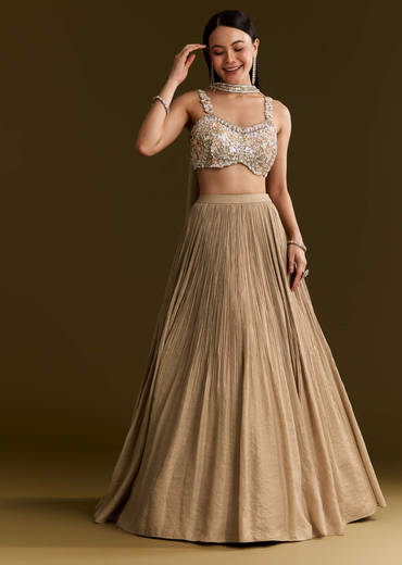 Gold French Tissue Lehenga With Sequins And Choker Dupatta