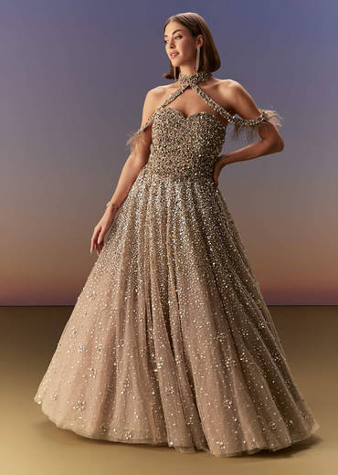 Gold Halter Neck Gown With Cut Out Back And Embellished Bodice