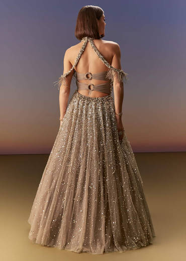 Gold Halter Neck Gown With Cut Out Back And Embellished Bodice