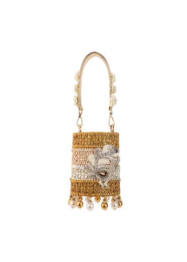 Gold Multi Bead Drop Hand Embroidered Potli Bucket Bag