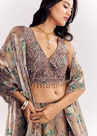 Gold Organza Tissue Lehenga Dupatta With Mirror Work Choli