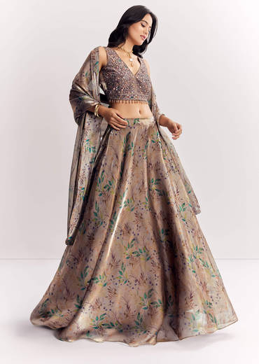 Gold Organza Tissue Lehenga Dupatta With Mirror Work Choli