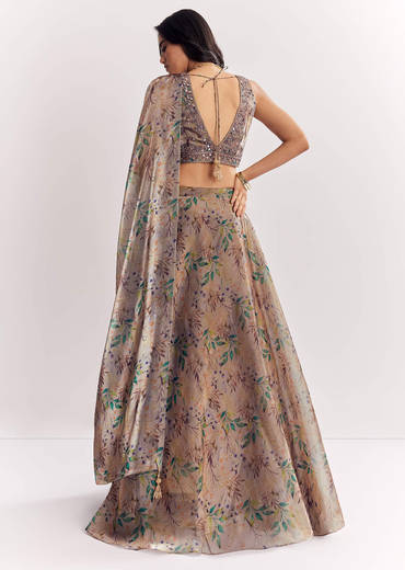 Gold Organza Tissue Lehenga Dupatta With Mirror Work Choli