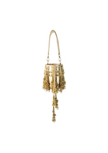 Gold Peacock Motif Tassel Detail Bucket Bag