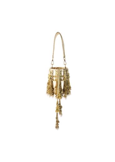 Gold Peacock Motif Tassel Detail Bucket Bag