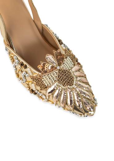 Gold Pearl Embellished Pointed Toe Heels