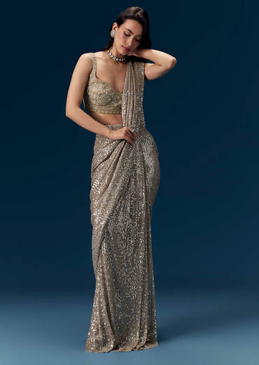 Gold Ready Pleated Sequin Net Saree with Blouse